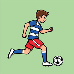 Young boy playing soccer on a green field.