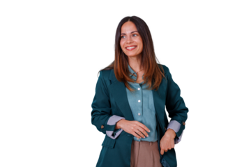 Young professional businesswoman showing confidence and positive attitude, smiling while looking away with copy space, isolated