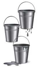 Three metal buckets with liquid dripping from them.