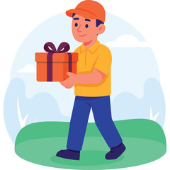 Smiling Man In Yellow Shirt And Orange Cap Walks Happily Carrying A Red Gift Box With Purple Ribbon In A Green Outdoor Field With Blue Sky And White Clouds