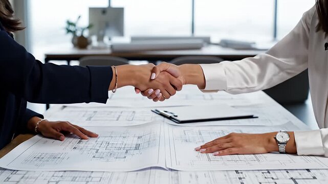 Business Professional Handshake Over Architectural Blueprints Two women shake hands sealing a deal or partnership with successful collaboration and agreement