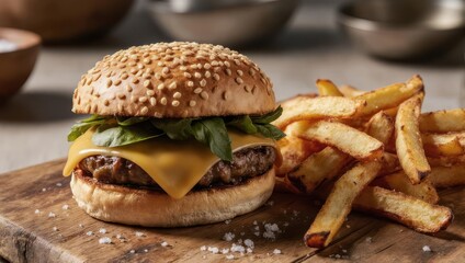 Delicious cheeseburger with golden french fries on a wooden board.
