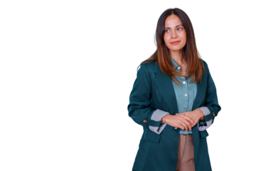 Confident businesswoman portrait, smiling and standing, wearing a green blazer, demonstrating professionalism, success, and leadership