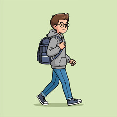 Young man with glasses and backpack walking casually.