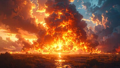 Massive fiery explosion engulfs the horizon with dramatic clouds at sunset.