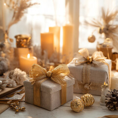 A gold and white box with a bow on top of it