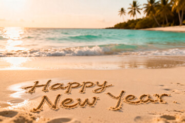 Fototapeta premium Happy New Year written down on a tropical beach.