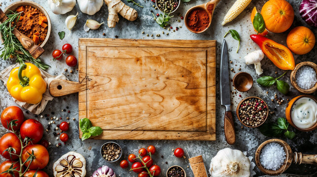 Top-down cooking and food ingredients flat-lay featuring vegetables, fruits, spices, kitchen tools, cutting boards, and linen textures arranged around a blank central space