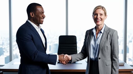 Smiling diverse business colleagues shaking hands in a bright modern office with a city view representing successful partnership and professional agreement - Powered by Adobe