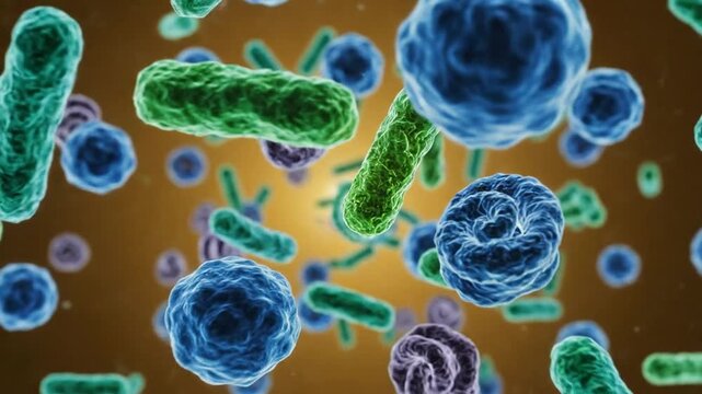 3D rendered microscopic bacteria and virus cells. Digital illustration of diverse microorganisms, germs, and pathogens for science and health.