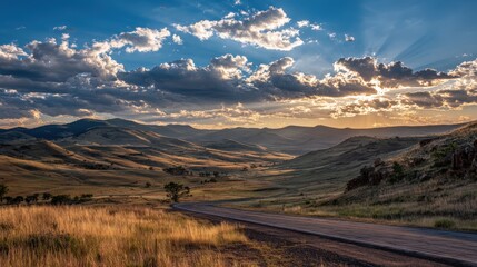 Dramatic sunbeams illuminate rolling hills alongside a winding asphalt road during sunset