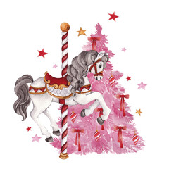 Watercolor Christmas composition with pink and red carousel horse and swan, candy cane, lollipop, gingerbread house, train, tree, colored star, isolated on white background © марина васильева
