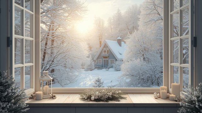 Cozy window view of a snow-covered cottage in a serene winter forest at sunrise.