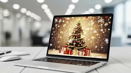 Modern laptop displaying a festive Christmas tree with presents and falling snow on a white office desk, celebrating the holiday season digitally - Powered by Adobe