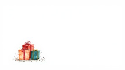 A stack of watercolor painted Christmas gift boxes with generous white copy space.