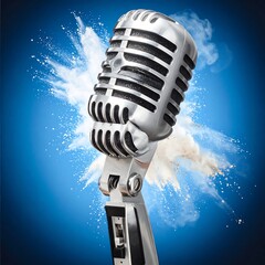 Retro microphone explodes with white powder against blue background.