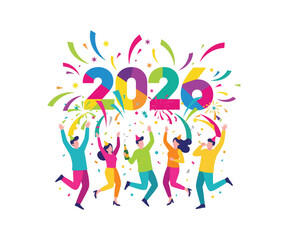 Ring in 2026 with joy and vibrant celebration! Friends partying together with confetti, hats and champagne for a happy new year, full of promise and cheer