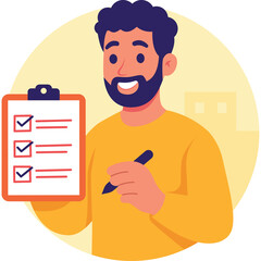 Smiling Man With Beard Wearing Orange Sweater Holds Clipboard With Checklist And Pen In Yellow Circle Against Blurred Building Background