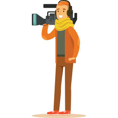 Smiling man with ginger hair wearing headphones and a yellow scarf holding a video camera over his shoulder dressed in an orange jacket and brown trousers against a transparent background