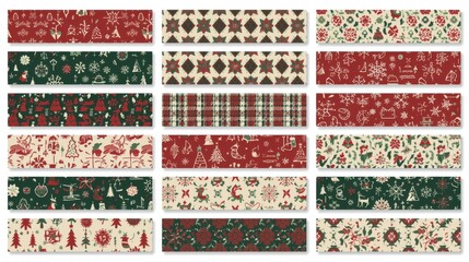Set of twenty-one seamless Christmas and winter holiday patterned borders and ribbons.