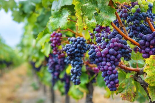 Lush vineyard with clusters of vibrant purple grapes hanging from healthy grapevines in sunlight