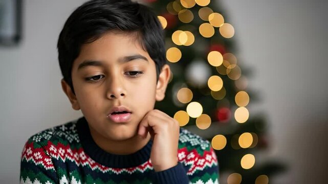Sad Young Boy with Dark Hair Wearing Sweater by a Christmas Tree, Emotional Expression, Holiday Season