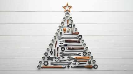 Christmas tree shape created from various wrenches and metal tools on white wood.