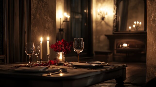 Elegant Romantic Dinner Table Setting with Lit Candles, Wine Glasses, and Red Roses