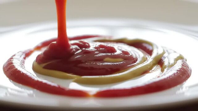 Ketchup and Mustard swirl on a plate.
