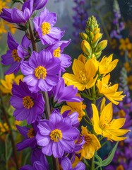 Purple and yellow flowers bloom in a garden with soft focus.