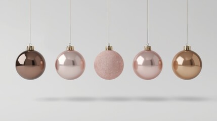 Elegant row of hanging rose gold Christmas baubles on a clean white background.