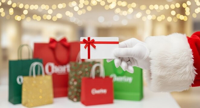 Santa hand holding a gift card with red ribbon bow