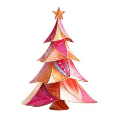 A vibrant, artistic Christmas tree adorned with colorful layers and a star on top.