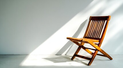 A wooden chair positioned against a minimalist wall, bathed in natural sunlight.
