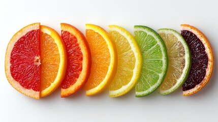 Colorful citrus fruit slices arranged beautifully on a white background.