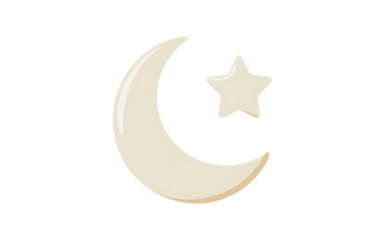 Simple creamy white crescent moon and star icon or symbol representing islam, ramadan, eid, or night sky, isolated on transparent background