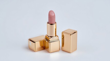 Elegant gold lipstick tube with soft pink shade, perfect for beauty enthusiasts.