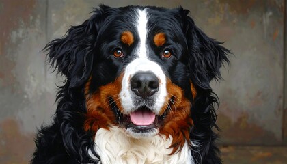 Bernese mountain dog with expressive eyes and soft fur sits patiently.