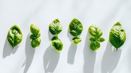 Fresh basil leaves arranged in a line on a white background, showcasing their texture.