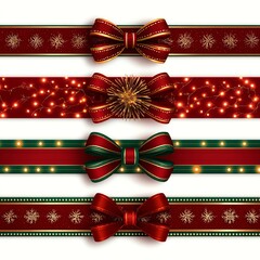 Four festive Christmas ribbons with decorative bows and sparkling lights.