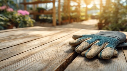 Gardening glove resting on a wooden table in a sunlit greenhouse full of vibrant plants.