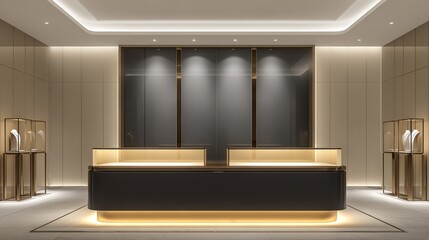 Modern reception area with sleek design and warm lighting for a welcoming atmosphere.