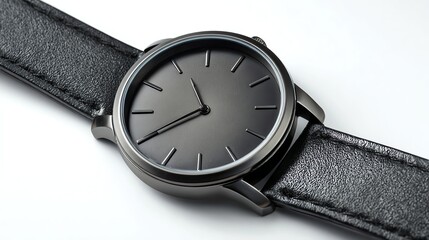 Stylish black wristwatch with a minimalist design and leather strap on a white background.