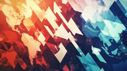 Vibrant abstract world map mosaic with bold angular shapes and gradient hues