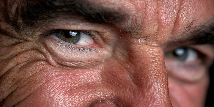 Extreme close-up showcases the intense gaze and weathered texture of a mature man's face, highlighting his wrinkles and piercing eyes.
