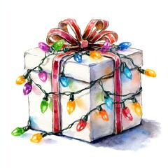 A beautifully wrapped gift box adorned with colorful lights and ribbon, perfect for celebrations.