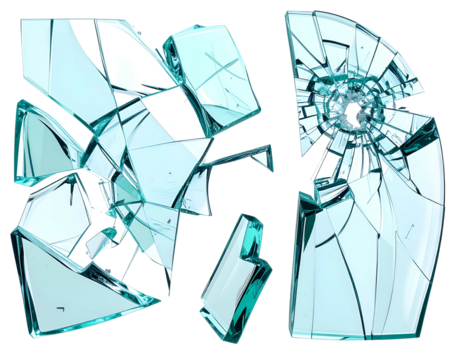 Shattered, fragmented clear shards on black