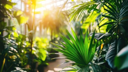 Lush tropical foliage in sunlit greenhouse showcasing botanical diversity