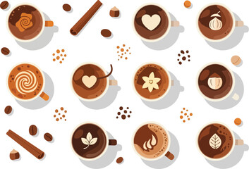Coffee Art Flat Lay of Coffee Cups with Creative Designs