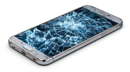 A close-up of a modern smartphone with a shattered screen, symbolizing damage.